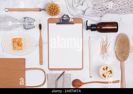 Zero waste plastic free tools and items on white background. Sustainable lifestyle concept. Stock Photo