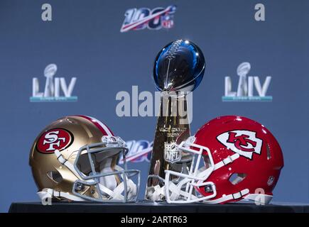 Miami, United States. 29th Jan, 2020. The Vince Lombardi trophy is displayed alongside helmets for the San Francisco 49ers and the Kansas City Chiefs duding Super Bowl week in Miami on Wednesday, January 29, 2020. The Chiefs and 49ers will meet in Super Bowl LIV on Sunday February 2, 2020. Photo by Kevin Dietsch/UPI Credit: UPI/Alamy Live News Stock Photo