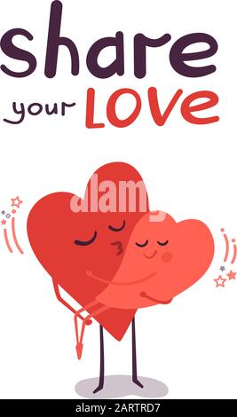 Cute vector illustration isolated on white. Couple in love. Happy smiling hearts hugging and kissing. Lettering. Greeting card concept for Valentines Stock Vector