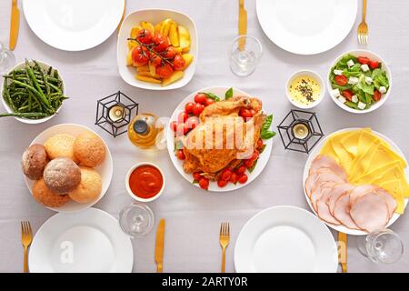 Table set for big family dinner Stock Photo