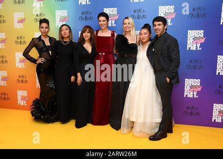 Jurnee Smollett-Bell, Cathy Yan, Rosie Perez, Mary Elizabeth Winstead, Margot Robbie, Ella Jay Brasco and Chris Messina attending the world premiere of Birds of Prey and the Fantabulous Emancipation of One Harley Quinn, held at the BFI IMAX, London. Stock Photo