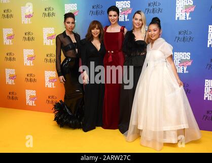 Jurnee Smollett-Bell, Rosie Perez, Mary Elizabeth Winstead, Margot Robbie and Ella Jay Brasco attending the world premiere of Birds of Prey and the Fantabulous Emancipation of One Harley Quinn, held at the BFI IMAX, London. Stock Photo