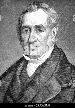 A portrait of George Stephenson (1781-1848), a British civil engineer and mechanical engineer. Renowned as the 'Father of Railways', he pioneered rail transport was one of the most important technological inventions of the 19th century and a key component of the Industrial Revolution. Built by George and his son Robert's company Robert Stephenson and Company, the Locomotion No. 1 was the first steam locomotive to carry passengers on a public rail line, the Stockton and Darlington Railway in 1825. George also built the first public inter-city railway line - the Liverpool and Manchester Railway. Stock Photo