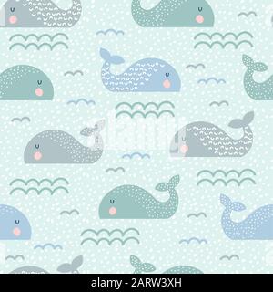 Seamless childish pattern with cute whales and hand drawn textures Stock Vector