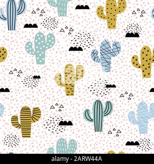 Seamless pattern with cute hand-drawn cacti and elements. Creative baby texture Stock Vector