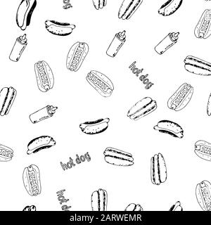 Hotdog seamless background hand drawn art. Fast food continuous pattern from sketchy hot dogs, plastic bottles and text labels randomly placed on whit Stock Vector