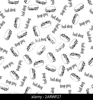 Hand drawn hot dog seamless pattern. Fast food continuous pattern from sketchy hotdogs, plastic bottles and text labels randomly placed on white. Easy Stock Vector