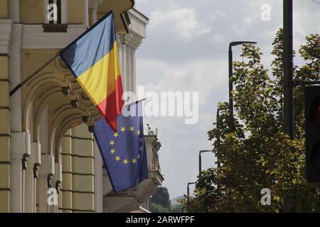 Scenery of the flags of Romania and Europe next to each other Stock Photo