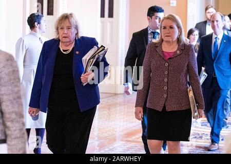 Washington DC, USA. 29th Jan, 2020. U.S. Rep. Zoe Lofgren (D-CA), left, U.S. Rep. Sylvia Garcia (D-TX), right, walk into the Senate Chamber for the continuation of the Senate impeachment trial of President Donald J.Trump at the U.S. Capitol in Washington, DC on Wednesday, January 29, 2020. Trump is facing two articles of impeachment; abuse of power and obstruction of congress. Photo by Ken Cedeno/UPI Credit: UPI/Alamy Live News Credit: UPI/Alamy Live News Stock Photo