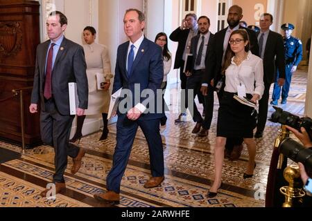 Washington DC, USA. 29th Jan, 2020. House manager and Committee Chairman Rep. Adam Schiff (D-CA) walk to the Senate Chamber for the continuation of the Senate impeachment trial of President Donald J.Trump at the U.S. Capitol in Washington, DC on Wednesday, January 29, 2020. Trump is facing two articles of impeachment; abuse of power and obstruction of congress. Photo by Ken Cedeno/UPI Credit: UPI/Alamy Live News Credit: UPI/Alamy Live News Stock Photo
