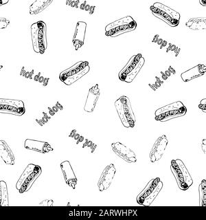 Hotdog seamless background hand drawn art. Fast food continuous pattern from sketchy hot dogs, plastic bottles and text labels randomly placed on whit Stock Vector