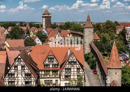 Rothenburg ob der Tauber, Bavaria / Germany - 08 08 2018: Panoramic view over old town as seen  from the Roeder tower Stock Photo