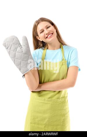 Beautiful young woman in apron on white background Stock Photo