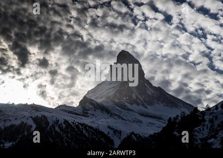 view of Matterhorn through hotel window in Zermatt Stock Photo