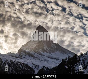 view of Matterhorn through hotel window in Zermatt Stock Photo