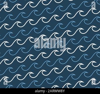 Abstract waves seamless pattern. Repeating texture with white and cyan wavy lines on dark navy blue background. EPS8 vector illustration. Stock Vector