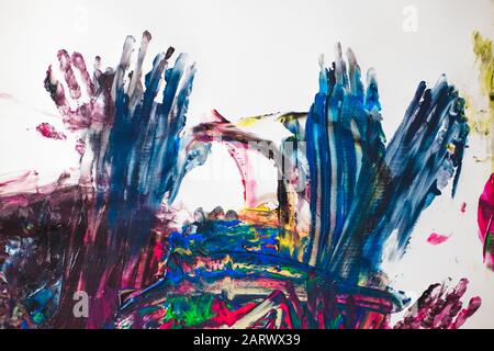 Close up fragment of acrylic abstract colorful painting made by childrens hands Stock Photo