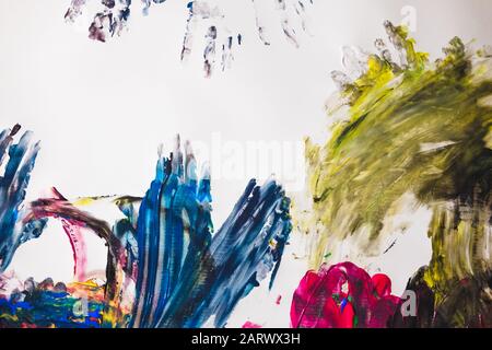 Close up fragment of acrylic abstract colorful painting made by childrens hands Stock Photo