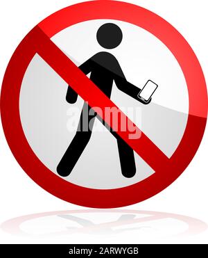 Concept illustration showing a forbidden sign over a man who's walking and looking down at his phone Stock Vector