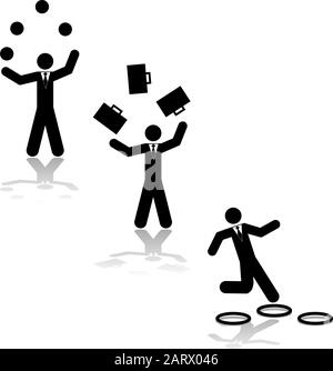 Concept illustration showing a businessman juggling balls, suitcases or jumping through hoops Stock Vector