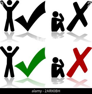 Concept illustration showing one man happy with a check mark beside him and another sad with an 'x' beside him Stock Vector