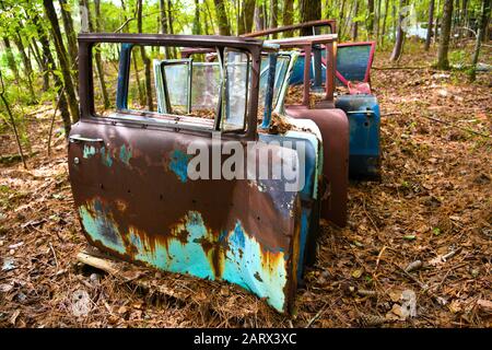 A Row of Old Doors off Scrap Vehicles in a Junk Yard Stock Photo