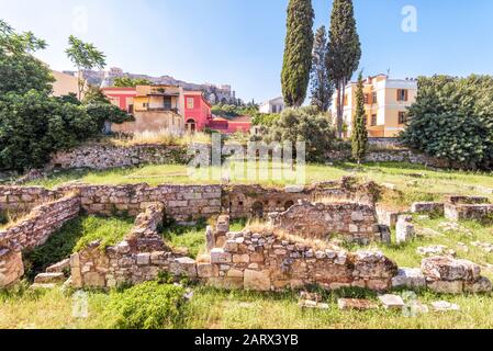 Ruins of the ancient Greek Agora, Athens, Greece. It is one of the main tourist attractions of Athens. Scenic view of the Agora of Athens in summer. B Stock Photo