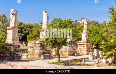 Panorama of the Ancient Agora, Athens, Greece. It is one of the main tourist attractions of Athens. Scenic view of the historical park in the Athens c Stock Photo