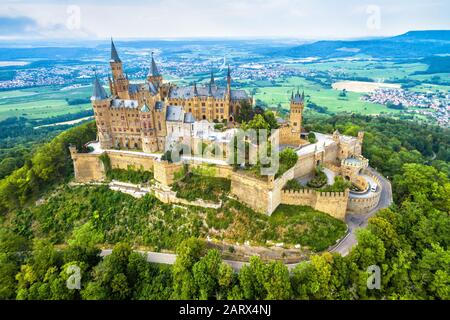 Hohenzollern Castle on mountain, Germany. This castle is a famous landmark in Stuttgart vicinity. Aerial panoramic view of Burg Hohenzollern in summer Stock Photo