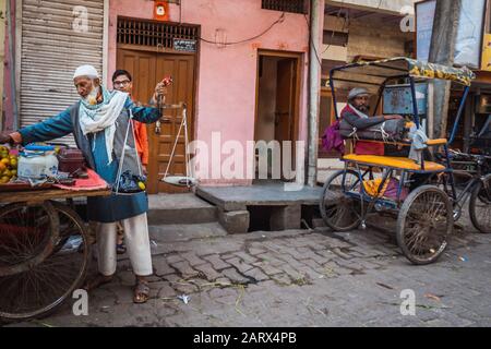 Vrindavan, India - March 12 2017: Streets during Holi festival in Vrindavan, India. Stock Photo