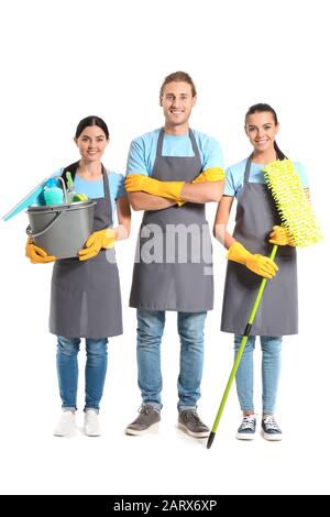 Team of janitors on white background Stock Photo