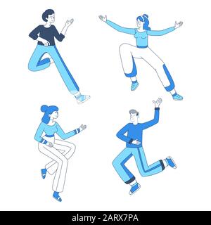 Jumping girls and boys illustrations set. Happy young people in casual clothing dancing, having fun outline characters. Victory celebration, positive emotions expression design elements Stock Vector