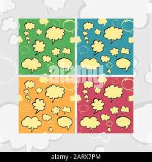 Set of seamless pattern with speech bubbles and thought clouds in cartoon style. Four color variants. Hand drawn by felt pen. Vector eps8 endless text Stock Vector