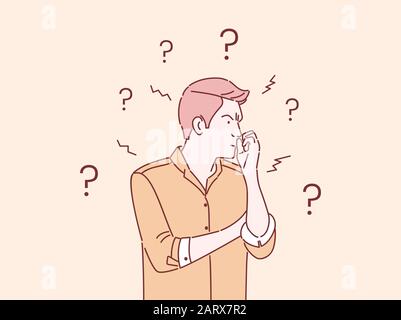 Thoughtful, confused businessman flat vector illustration. Young man thinking, making decision, solving problem isolated cartoon character with outline. Pensive, stressed guy with question marks Stock Vector