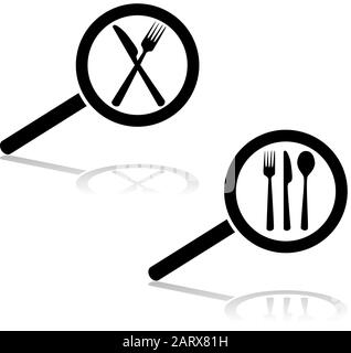 Icon illustration showing a magnifying glass searching for a restaurant (cutlery) Stock Vector