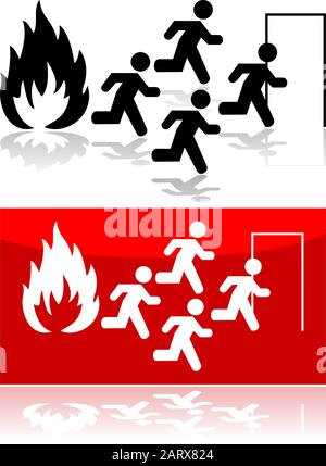 Icon illustration showing people running from a fire towards a door Stock Vector