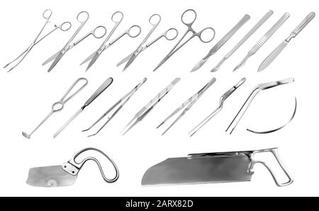 Set of surgical instruments. Tweezers, scalpels, Liston s amputation knife, clamp, scissors, Folkman hook, Meyer forceps, needle, Langenbek saw Stock Vector