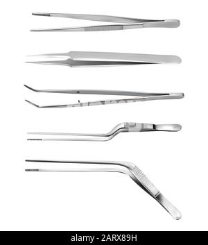 Set of tweezers. Long serrated angled tweezers, anatomical forceps ...