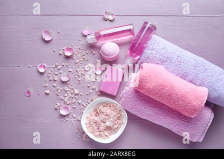 Composition with spa items on color background Stock Photo