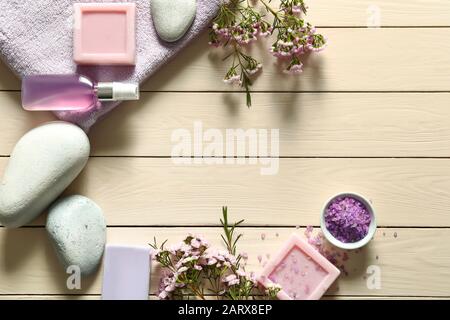 Composition with spa items on wooden table Stock Photo