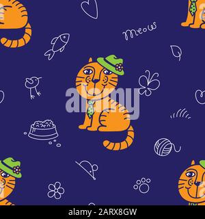 Seamless pattern for textile. Mr ginger cat in the green hat and tie. Cute red kitty on the dark blue background. Kids club or zooclinic. Backdrop or Stock Vector