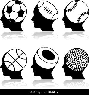 Concept illustration showing the outline of human heads with different sports balls inside them Stock Vector