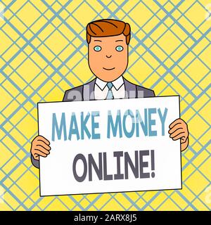 Writing note showing Make Money Online. Business concept for making profit using internet like freelancing or marketing Smiling Man Holding Suit Poste Stock Photo