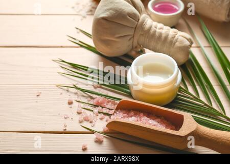 Composition with spa items on wooden background Stock Photo