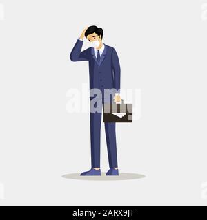 Businessman in respirator with headache illustration. Male worker feeling unhealthy, man wearing mask against smoke and dust isolated cartoon character. Industrial emissions health negative influence Stock Vector