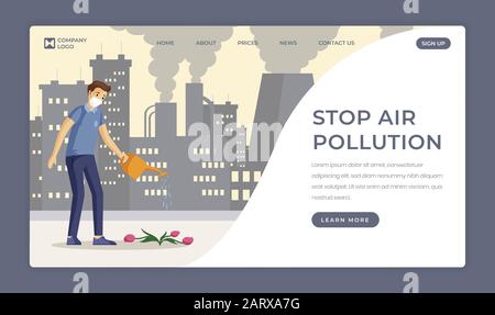 Saving nature flat landing page template. Stop air pollution, decrease industrial emissions, gas waste one page website design. Man watering flower in polluted city cartoon character with text space Stock Vector