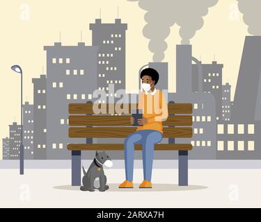 Man and dog in respirators illustration. African american guy sitting on bench in polluted industrial city flat cartoon character with factory on background. Urban air pollution, plants emitting smog Stock Vector