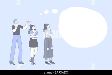 People thinking, brainstorming cartoon illustration. Young guy and stylish girls lineart characters with empty speech bubble isolated on blue background. Group problem discussing, solution searching Stock Vector