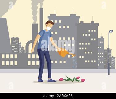 Man saving nature flat vector illustration. Young caucasian guy cartoon character watering dying flowers in industrial city. Environment protection against air pollution, co2 emissions problem concept Stock Vector