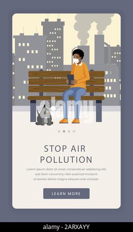 Air pollution prevention app screen template. Stop industrial smog and dust contamination onboarding smartphone website design. Factory emissions negative influence mobile landing page with character